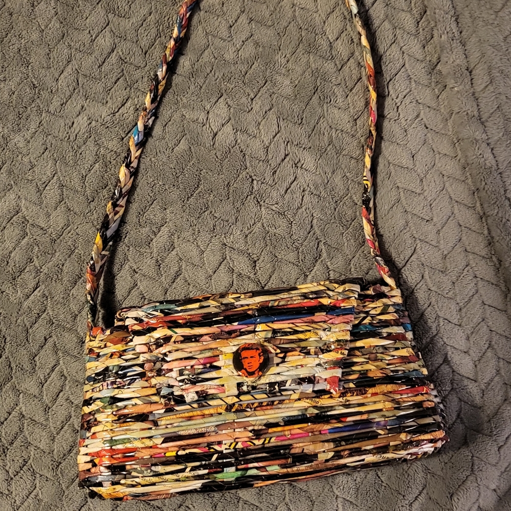 Handbag made out of magazine weaved together with James Dean button